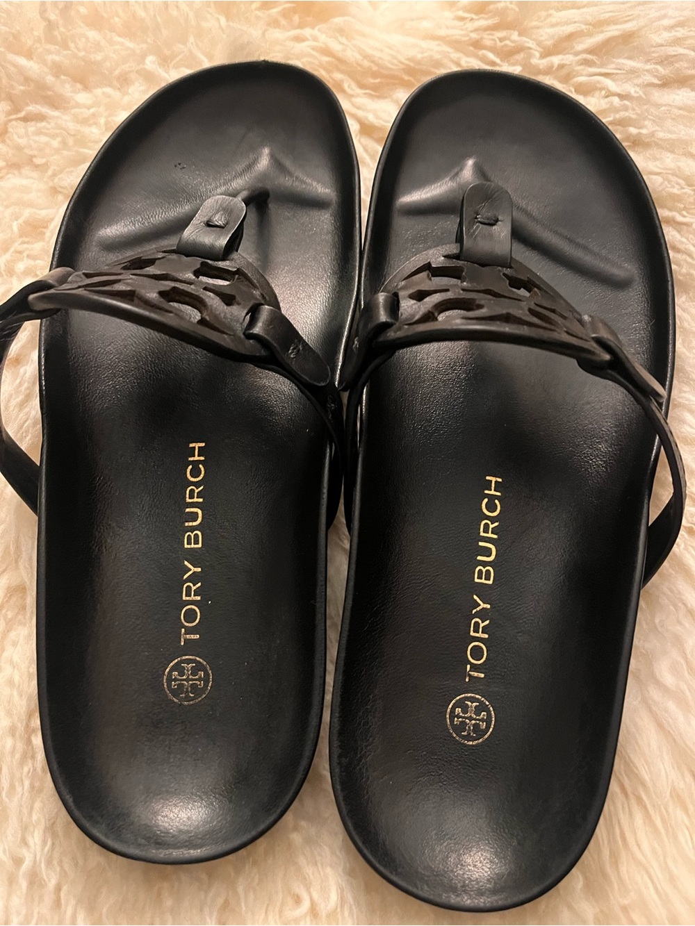 ory Burch Miller Cloud Leather Thong Sandals Black Size 8 - Excellent Condition